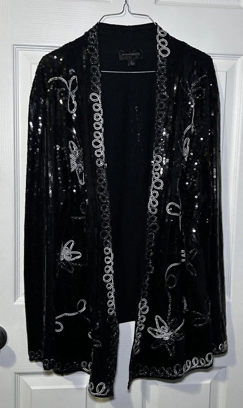 Investments Jacket Women's Large Black Sequin Floral Open Front Knit Embellished - Picture 2 of 11